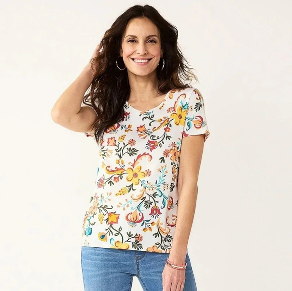 CROFT & BARROW | Essential V-Neck T-Shirt in White Floral sz S - Picture 8 of 8